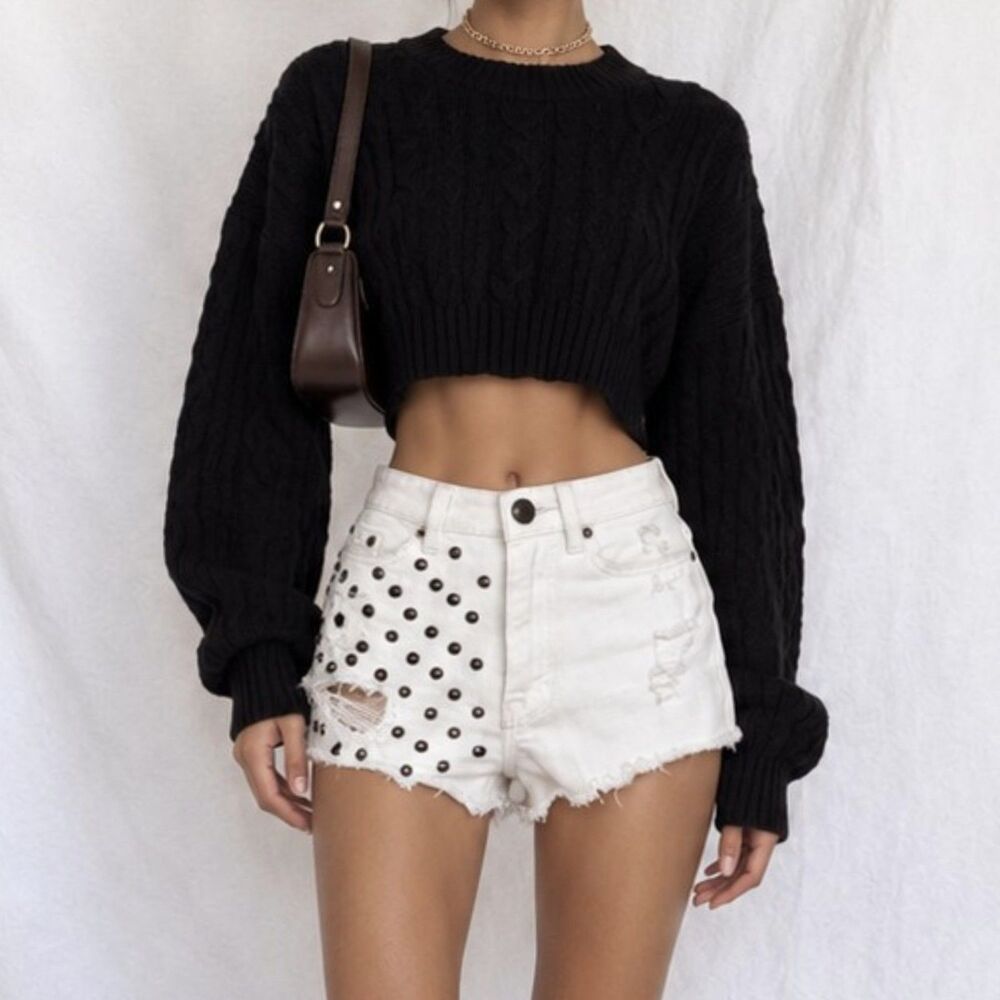 Vintage Y2K 90s BDG White High Waisted Distressed Studded Denim Shorts Size XS